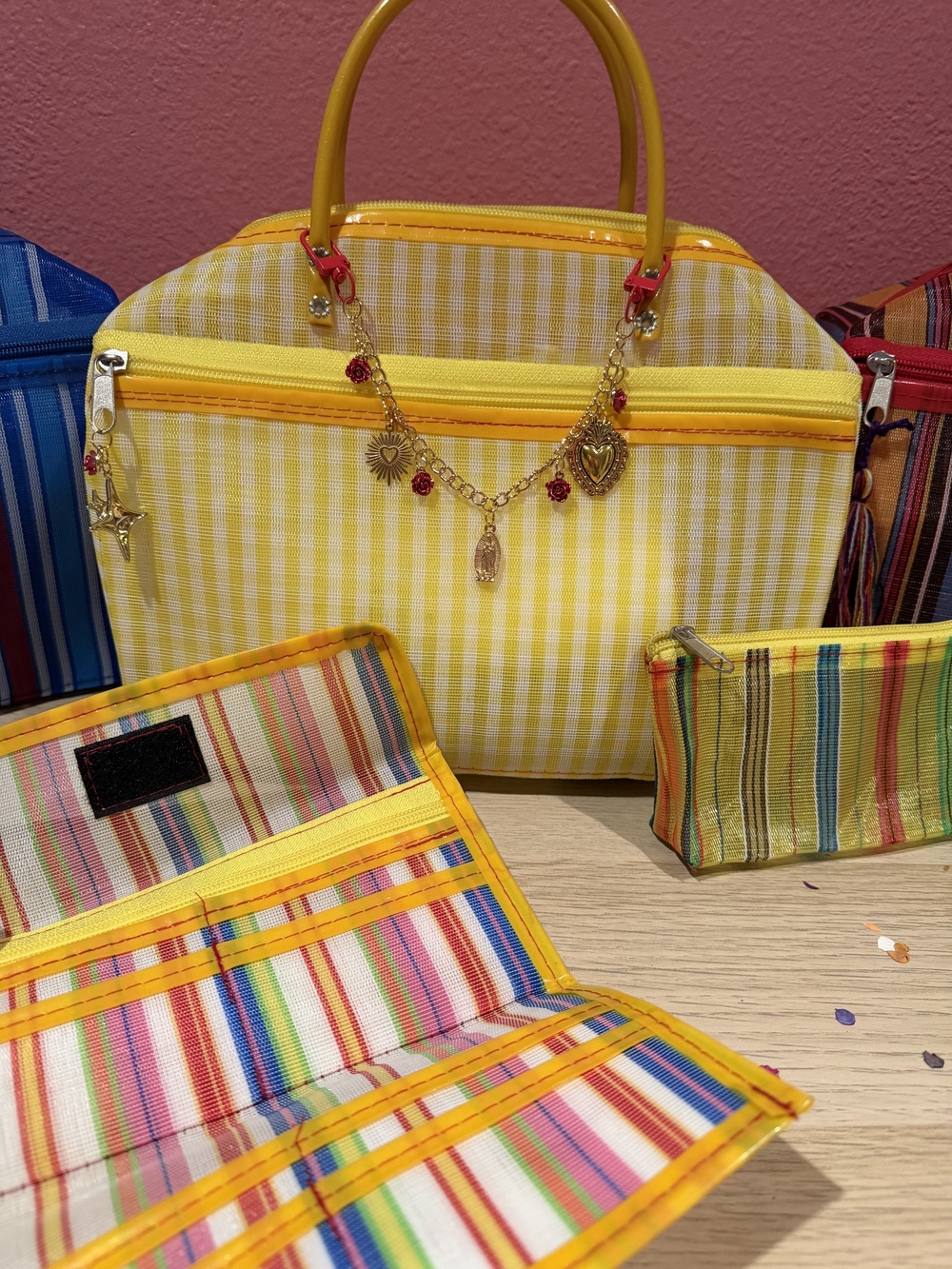 Yellow Gingham Travel Tote Bag with Charm Accent